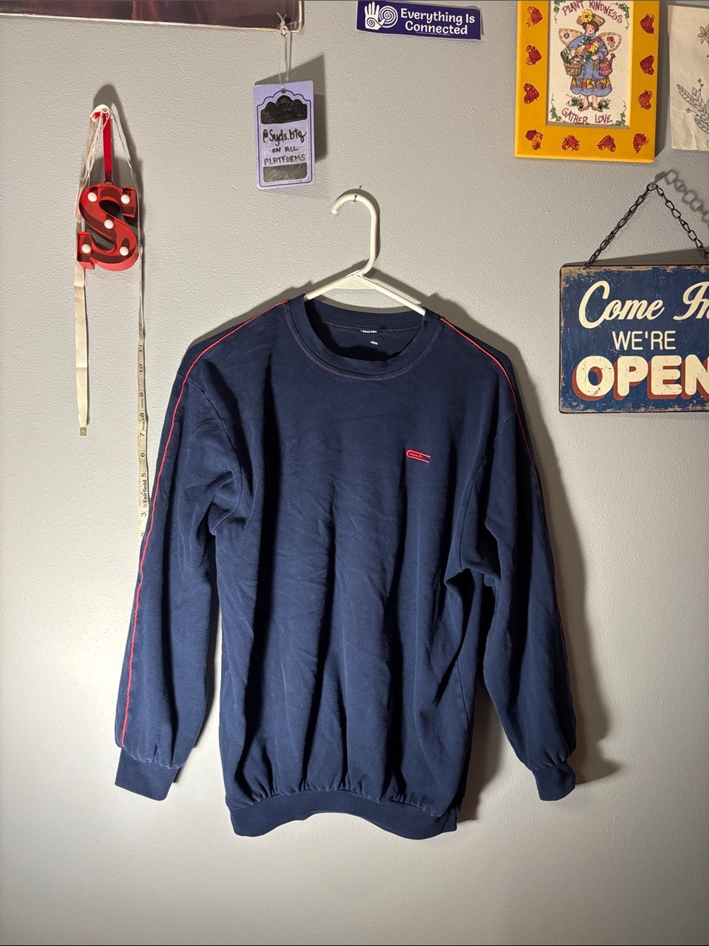 Navy Crewneck Sweatshirt with Red stripes on sleeves